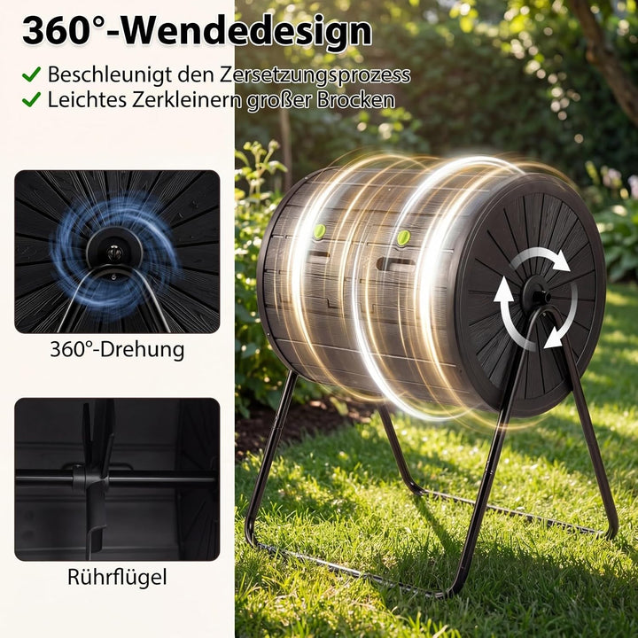 HOMASIS 142 L Trommelkomposter aus PP &amp; Metall, 360° drehbarer Schnellkomposter mit 2 Kammern, Therm