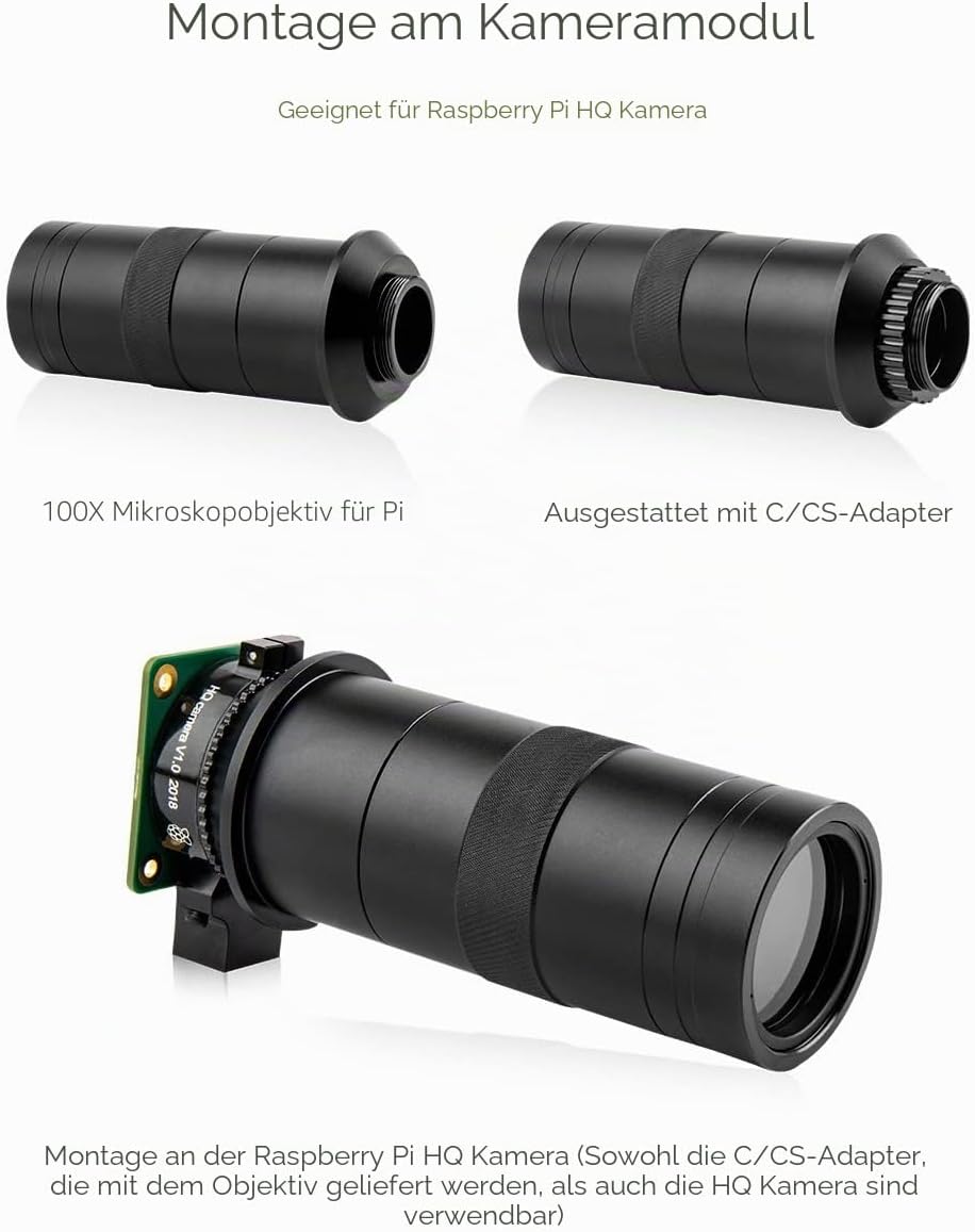Waveshare Industrial Microscope Lens with 100X Magnification, C/CS-Mount, Compatible with Raspberry