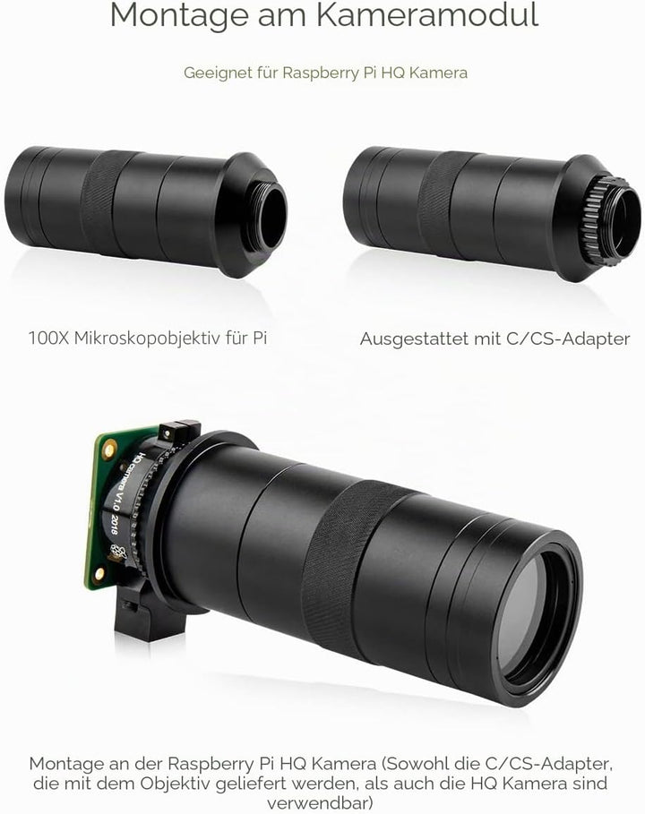 Waveshare Industrial Microscope Lens with 100X Magnification, C/CS-Mount, Compatible with Raspberry