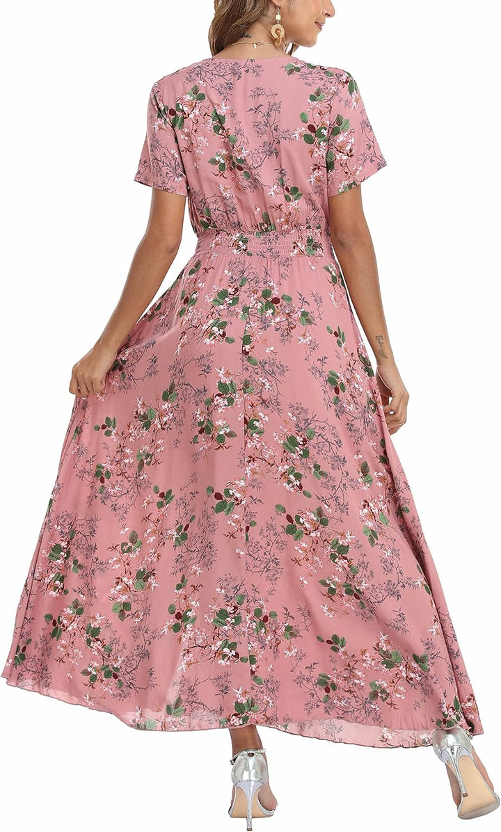 VOGMATE Damen Lange Split Knopf Up Sommer Maxikleid Floral Strandwear Holidy Kleid Hohe Taille mit k