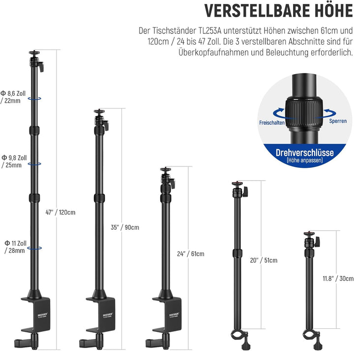 NEEWER Tisch Kamerastativ mit 2 Teleskopauslegern, Telefonhalter, Kugelköpfe, Schraubadapter, Tischl