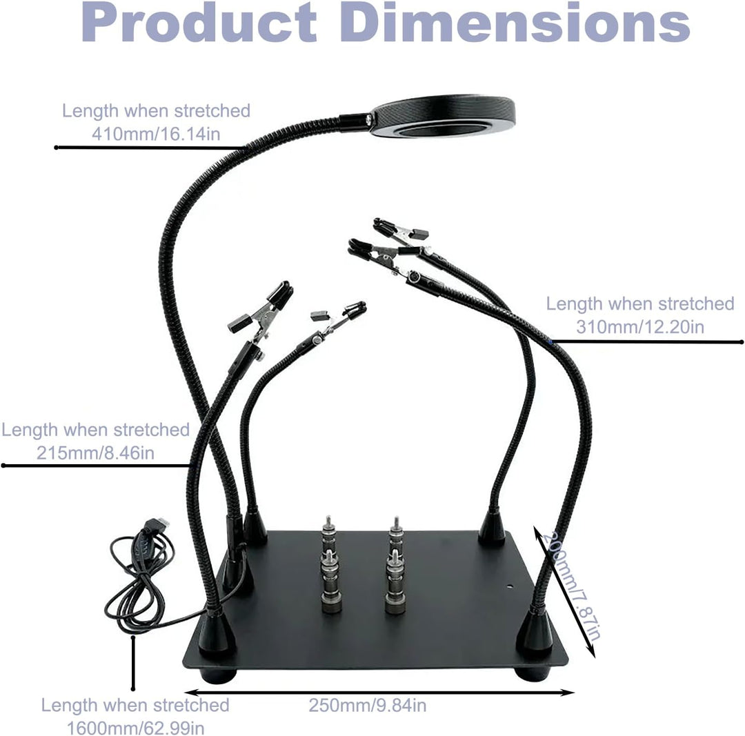 Dritte Hand Löten, Löthilfe Dritte Hand, 5-Facher Lupe und Verstellbarem Licht mit 4 Pcb-Säulen und