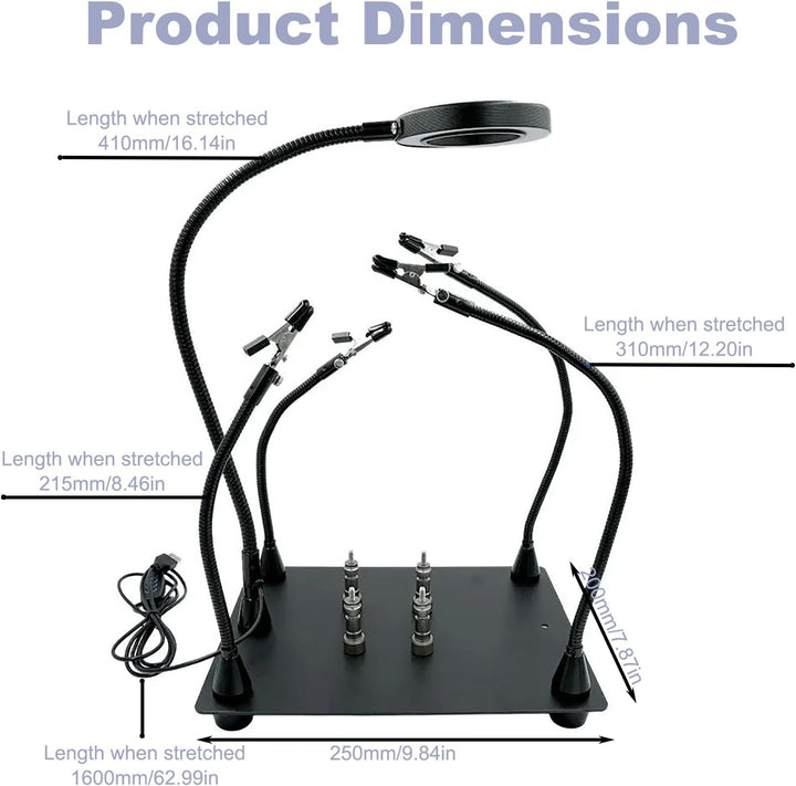 Dritte Hand Löten, Löthilfe Dritte Hand, 5-Facher Lupe und Verstellbarem Licht mit 4 Pcb-Säulen und