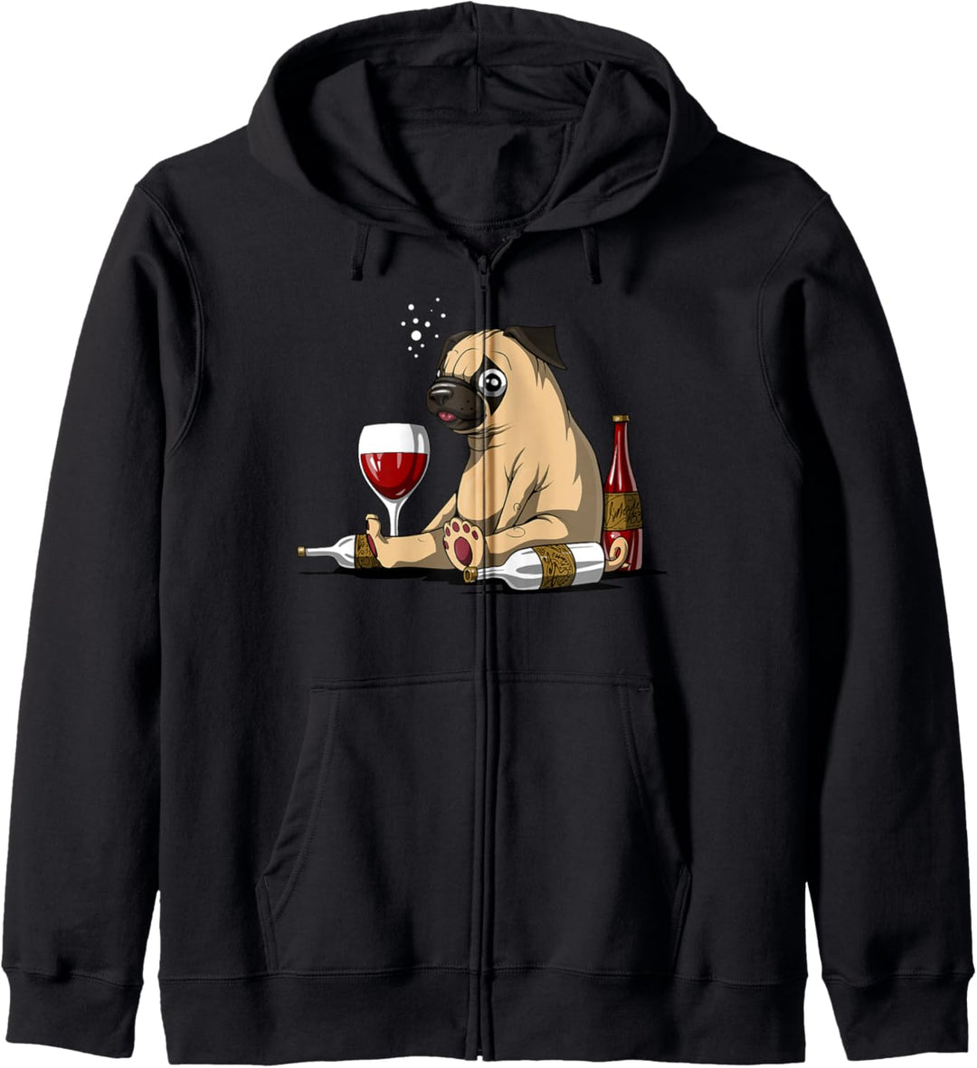 Mops Hund Wein Trinken Party Feier Männer Dammen Kapuzenjacke
