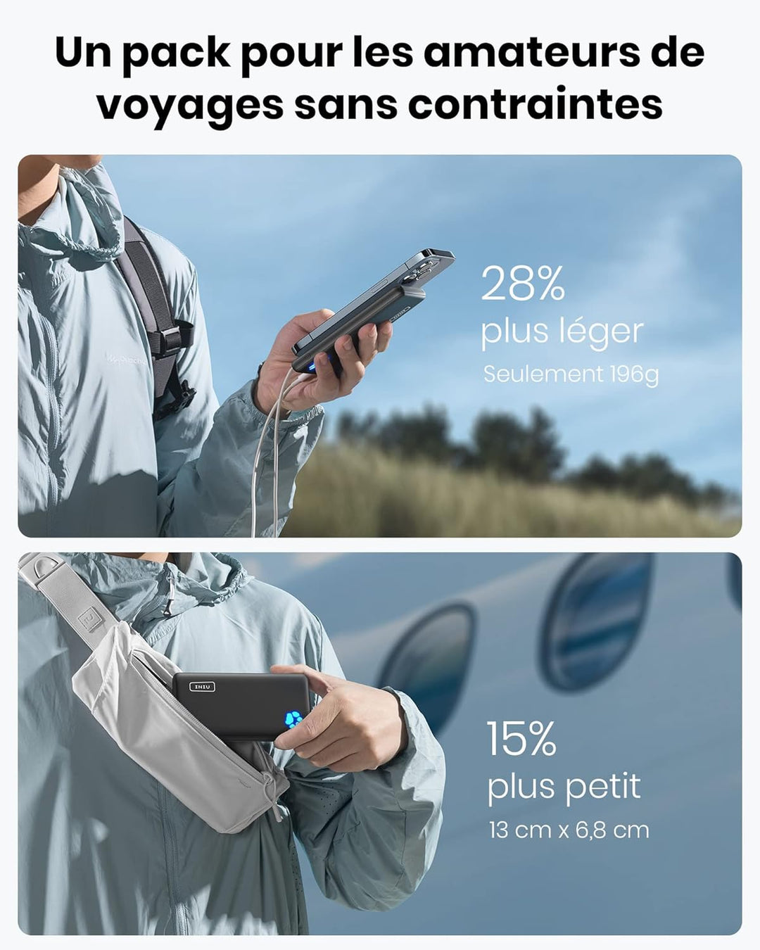 INIU Power Bank, Ultra Slim 10000mAh Powerbank Klein Aber Stark & USB auf USB C Kabel, [3er Pack, 2m