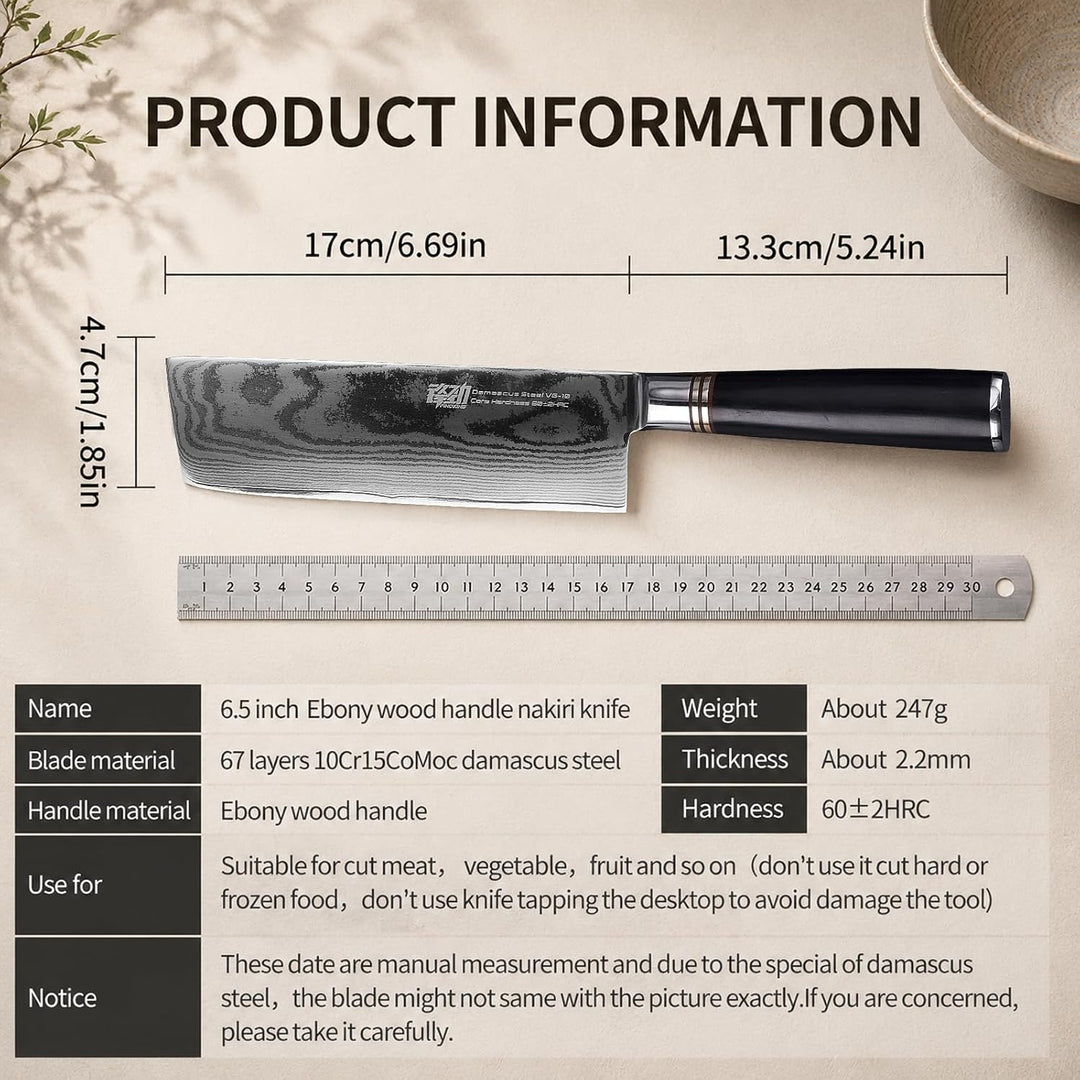 FINDKING Damast Nakiri Messer 17 cm, Ebenholz Griff, Profi Küchenmesser | 67 Lagen Damaststahl, 10Cr