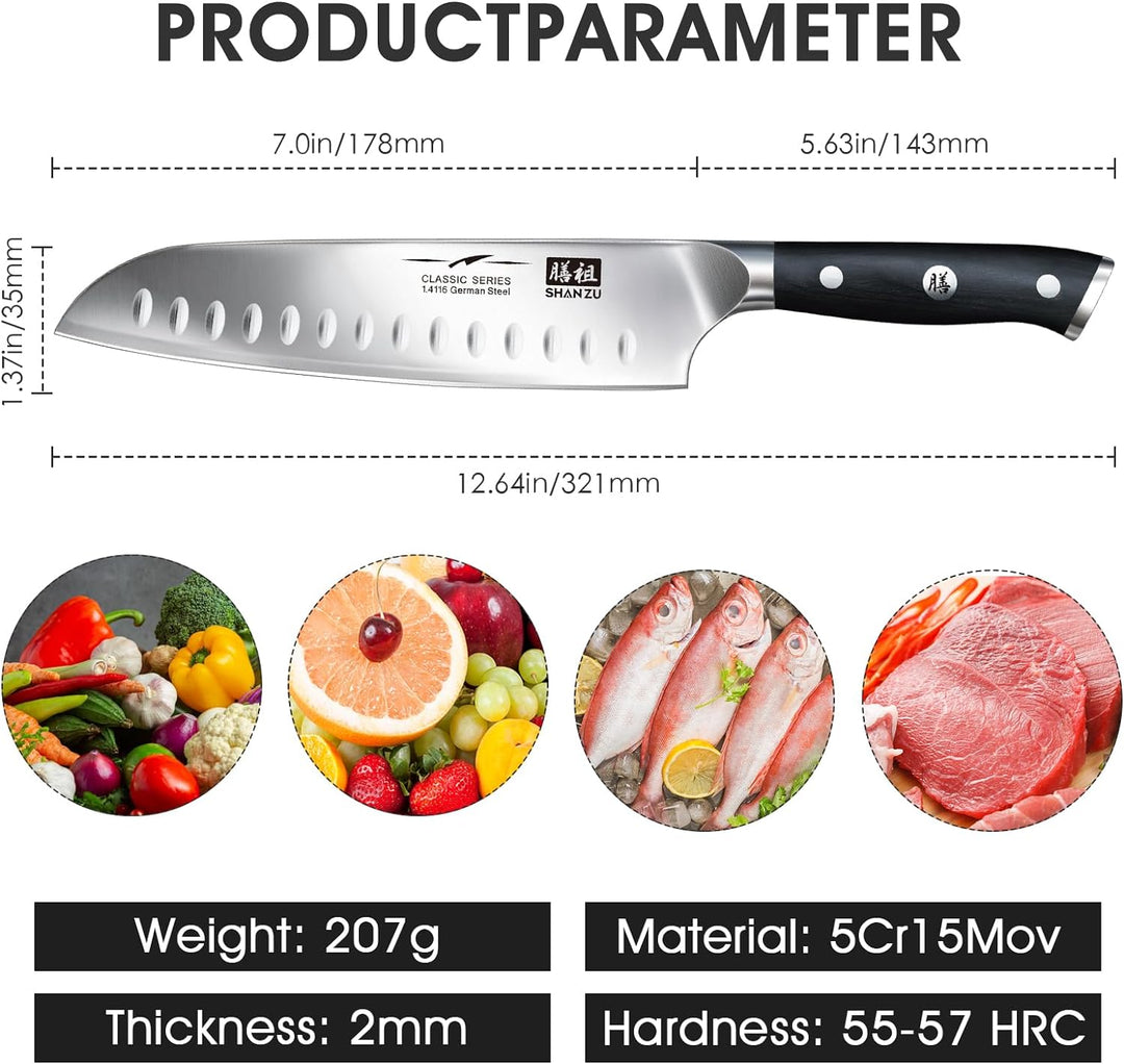 SHAN ZU Kochmesser Küchenmesser, Chefmesser Santoku Deutscher Carbon Edelstahl Scharfe Messerklinge