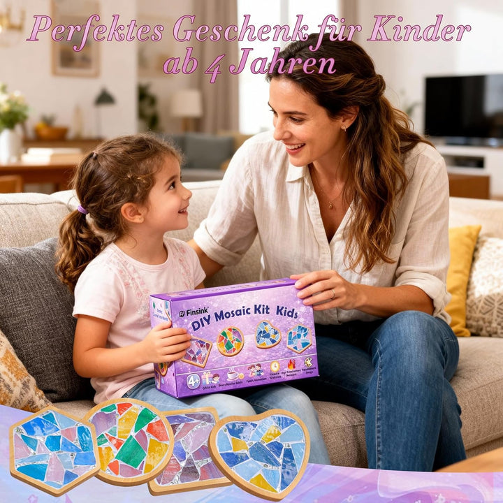 Finsink Mosaik Bastelset Kinder,4 Stück Mosaiksteine Zum Basteln und Holz Untersetzer, Mosaik Bastel