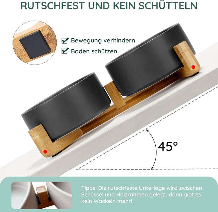 SPUNKYJUNKY Hundenapf Keramik Doppel Hund Futternapf mit Bambus Ständer für Katzen und Hunde (850ml,