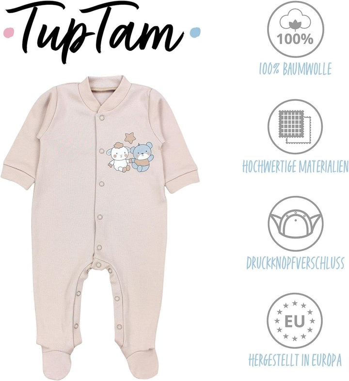 TupTam Baby Jungen Schlafstrampler Langarm Strampler Schlafanzug mit Fuss 3er Pack 50 Bärchen Sterne