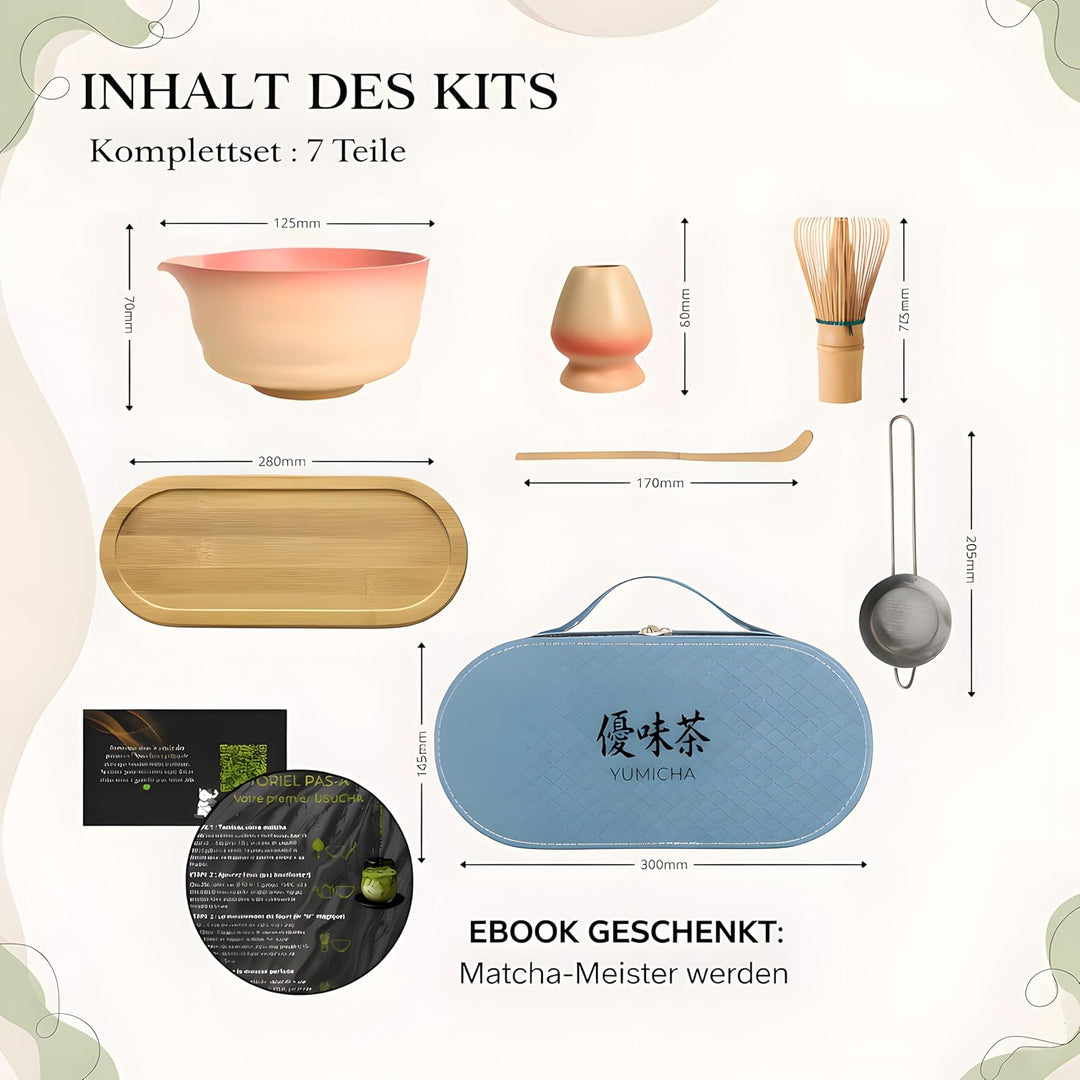 Matcha Set Komplett 7-teilig – Matcha Tee Set mit Schale, Bambusbesen (Chasen), Löffel, Halter & Auf
