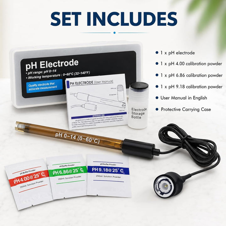 Ersatz pH-Elektrode mit Kalibrierpulver, 0-14 pH, sehr präzise, Sonde mit BNC-Anschluss & 200 cm Kab