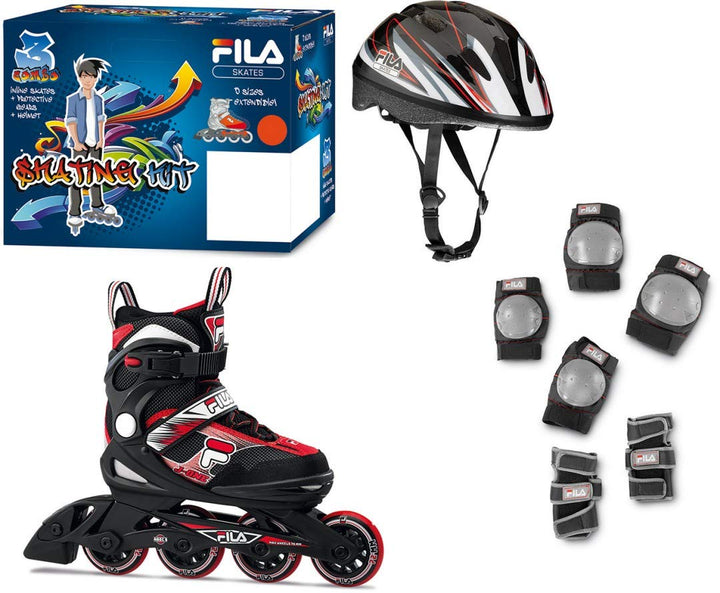 FILA Jungen J-ONE Combo I 3 Set Skate &amp; Schützer &amp; Helm I grössenverstellbar I schwarz/rot S (28-32)