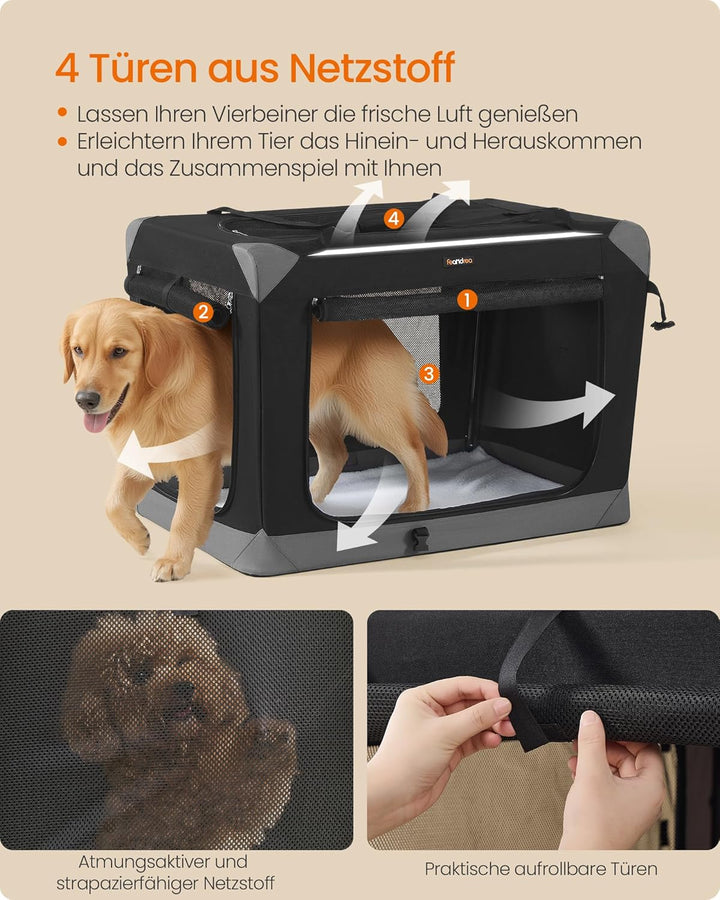 Feandrea Hundebox faltbar, Transportbox, Hundetasche, Oxford-Gewebe, mit 4 Türen aus Netzstoff, Grif
