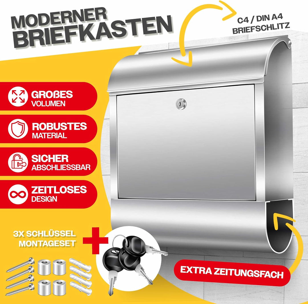 KESSER® XXL Briefkasten Edelstahl mit Zeitungsfach, gebürstet, 3X Schlüssel abschliessbar, Pulverbes