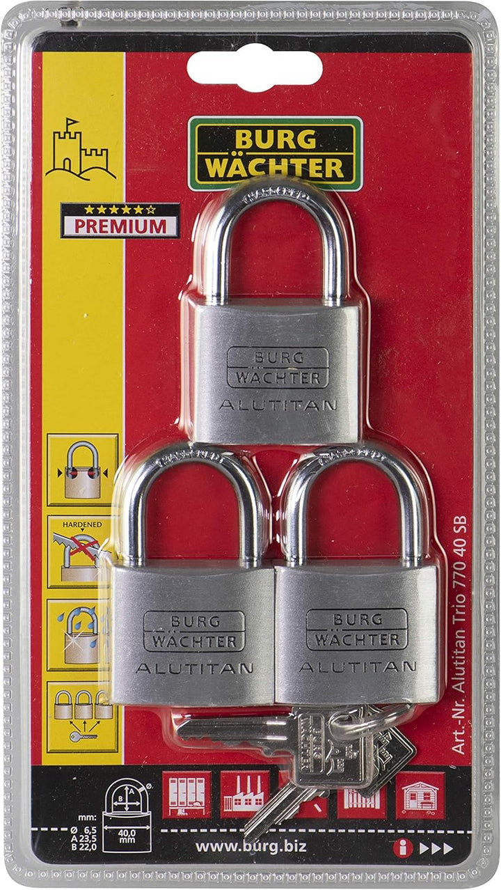 BURG-WÄCHTER 3er-Set Vorhängeschloss mit Schlüssel, Gleichschliessend, Vorhangschloss, 6,5 mm Bügels