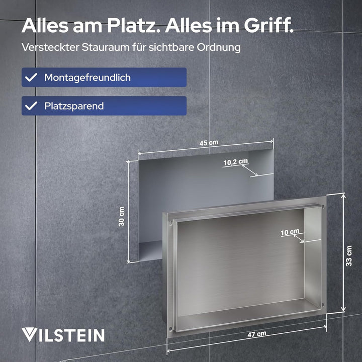 VILSTEIN Wandnische Dusche 30x45 cm [ROSTFREI] - Randlose Duschnische - Wandnische Silber - Einbaure