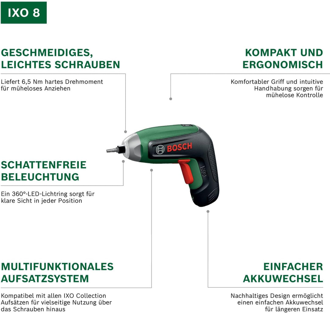 Bosch IXO8 Akku-Schrauber (Bitsatz, Winkelvorsatz, 1x Karton)