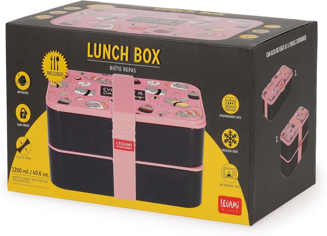 Legami – Lunchbox, 3 Besteckteile inklusive, Sushi Cat, Behälter, Fassungsvermögen 1200 ml, auslaufs