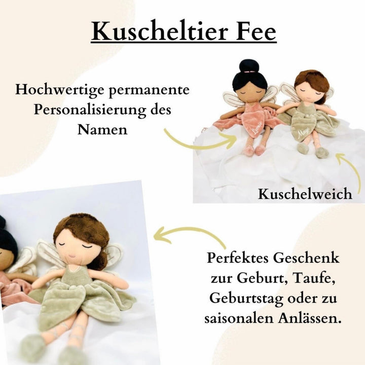 Kuscheltier Fee mit Name Personalisiert, Geschenk zur Geburt, Geschenk zur Taufe, Geschenk für 2 Jäh
