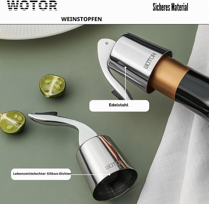 WOTOR Weinverschluss Edelstahl WeinFlaschenverschluss Wiederverwendbar Auslaufsicher hält Wein frisc