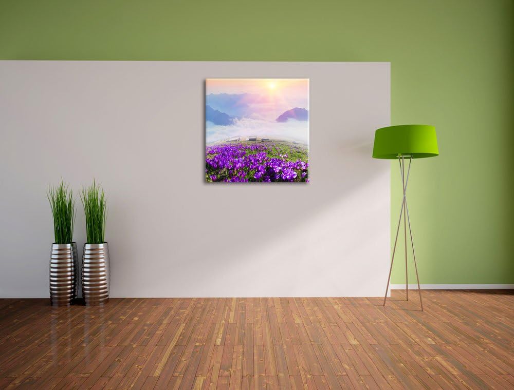 Pixxprint Krokusse in den Bergen / 70x70cm Leinwandbild bespannt auf Holzrahmen/Wandbild Kunstdruck