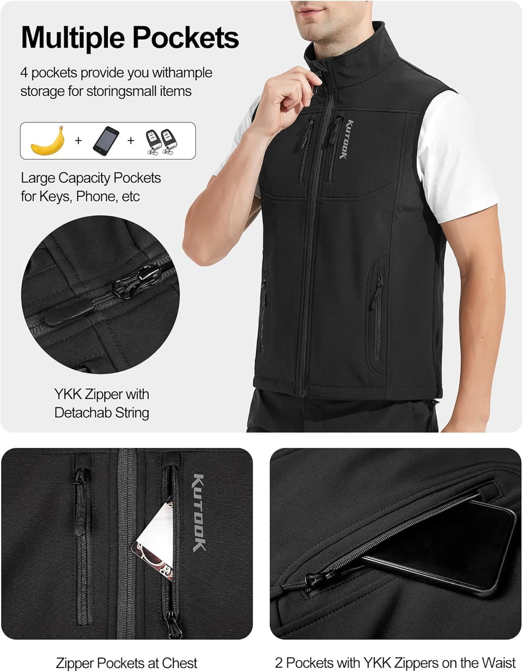 KUTOOK West Herren outdoor mit vier Taschen Softshell Ärmellose Jacke winddicht wasserdicht warm Mul