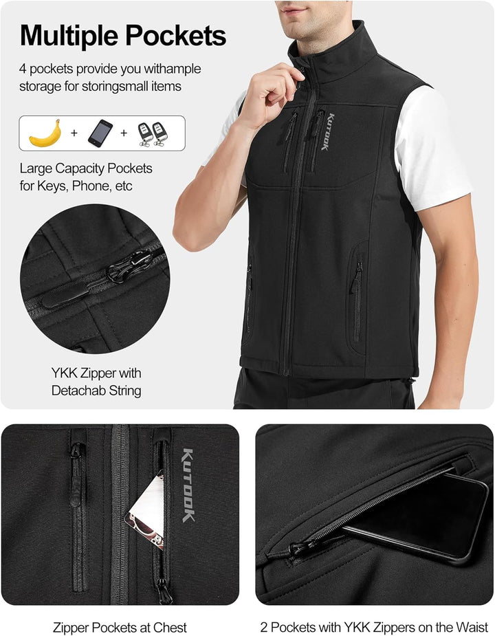 KUTOOK West Herren outdoor mit vier Taschen Softshell Ärmellose Jacke winddicht wasserdicht warm Mul