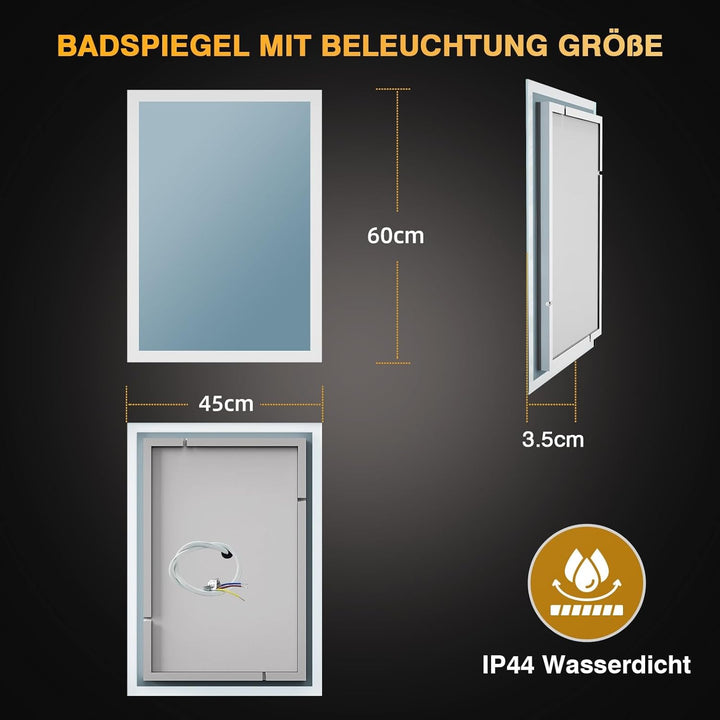 Badspiegel mit Beleuchtung, LED Bad Spiegel mit Licht, Antibeschlag, 2 Lichtfarben, 3000K / 6500K, K