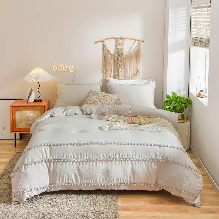Freyamy Böhmen Bettwäsche 135x200cm 4teilig Beige Pom Pom Boho Chic Wendebettwäsche Gewaschene Micro