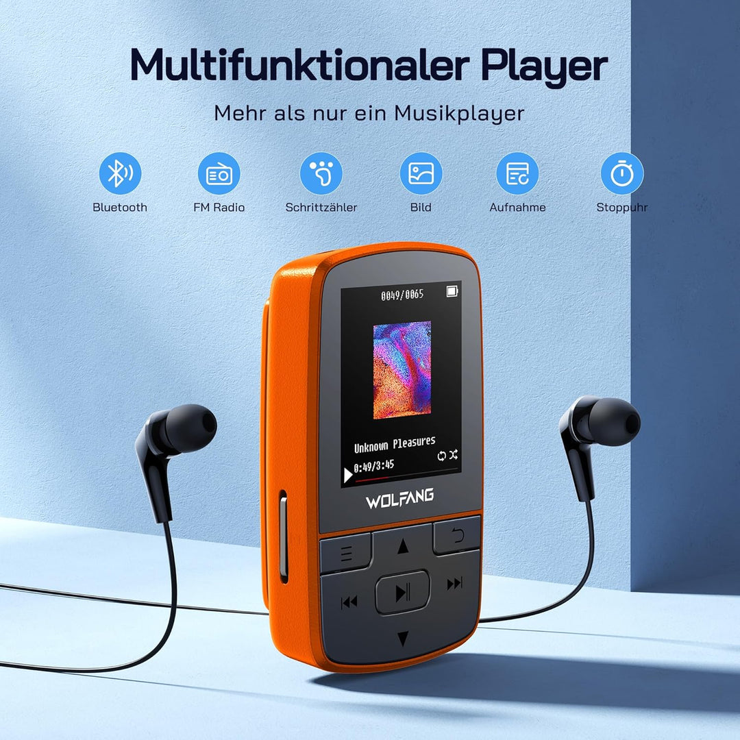 WOLFANG 64 GB MP3-Player mit Bluetooth 5.2, Sportclip, Mini-Grösse, Gewicht 28,3 g, HiF-FM-Radio, Di