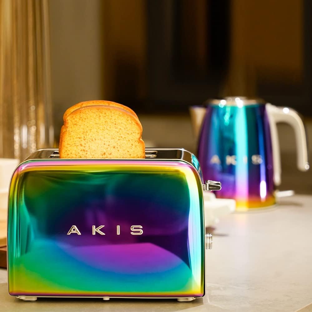 AKIS La Fête Design Toaster und Wasserkocher Set aus Edelstahl in Regenbogen bunter Farbe Modern, To