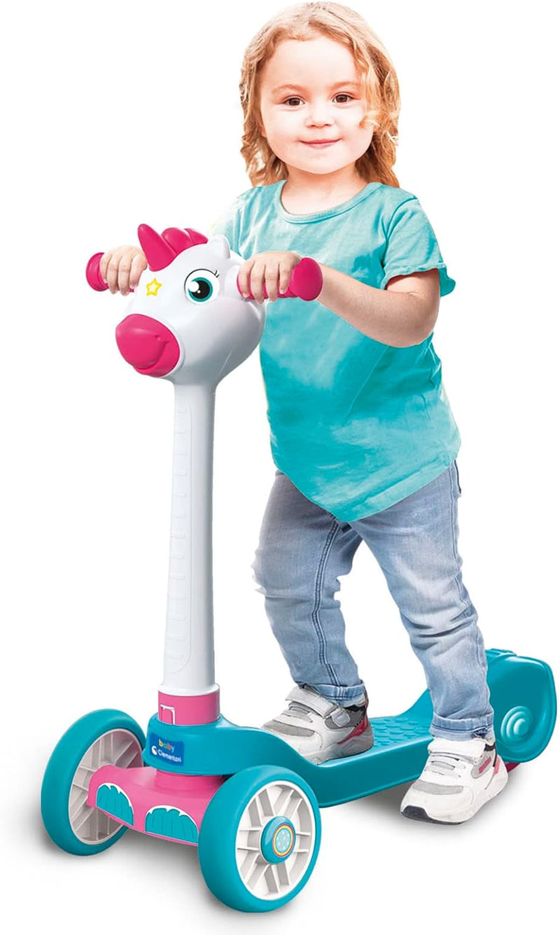 CLEMENTONI Unisex Kinder 120 Baby Unicorn Push Scooter für Mädchen 2 Jahre mit 3 Rädern, Outdoor-Spi