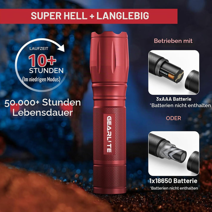 GEARLITE LED Taschenlampe Batteriebetrieben 2 Stücke, 2000 Lumen Extrem Hell Mit 5 Modi, IP65 Wasser