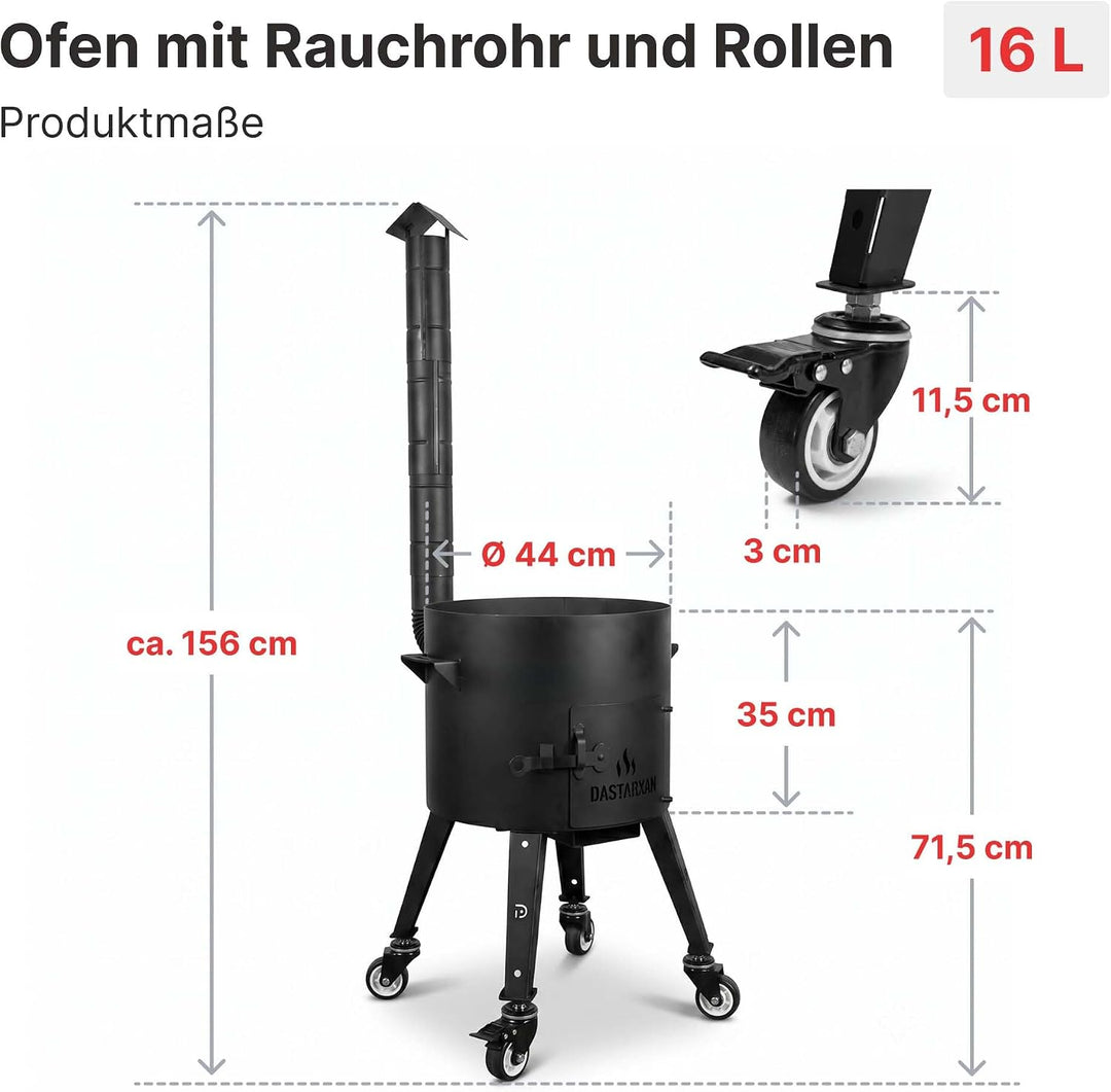 4BIG.fun Ø45 Utschak mit Abzugsrohr Uchag Campingofen Feuerofen Gulaschkessel 16L Kazan Wok Eintopfo