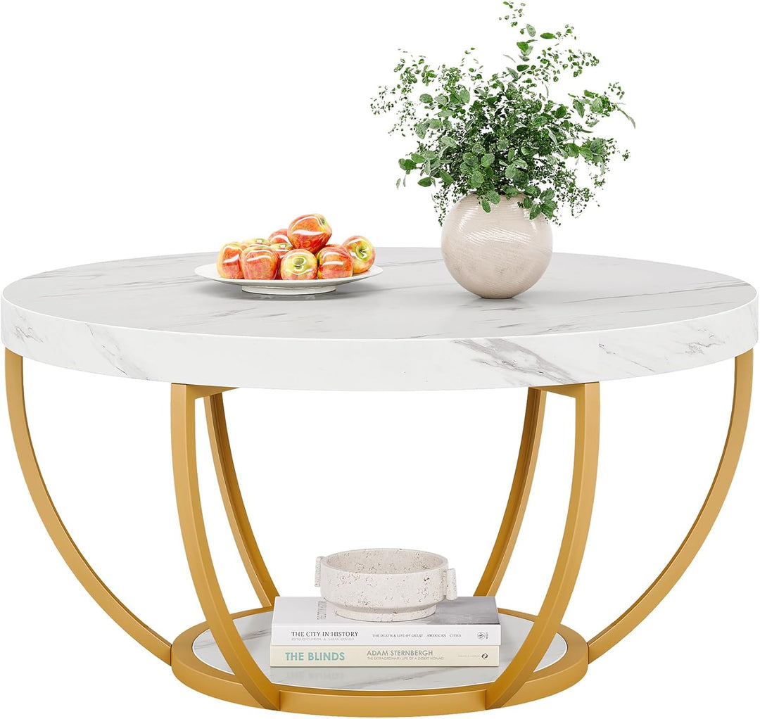 Tribesigns moderner runder Couchtisch, 2-stöckiger Couchtisch mit weissem Marmor und goldenen Metall