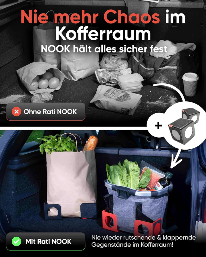 rati Nook 2x Kofferraum Organizer Klett & Antirutschpads [100% Recycelt] Gepäckfixierung Kofferraum