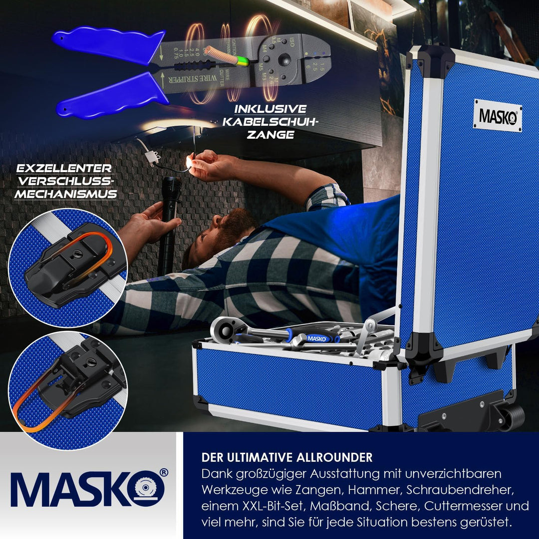 MASKO® Werkzeugkoffer 1299-teilig gefüllt | Werkzeugset im Aluminiumkoffer | Werkzeugkasten mit Roll