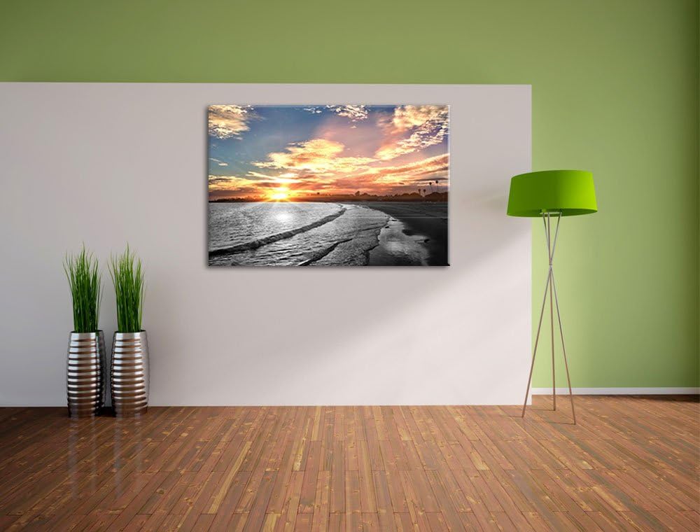 Strand bei romantischem Sonnenuntergang schwarz/weiss Format: 100x70 auf Leinwand, XXL riesige Bilde