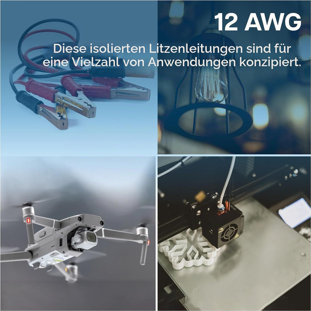 MMOBIEL 12 AWG Silikon Elektronik Kabel - 12 Gauge (3,31mm²) Verzinnte Kupferkabel - 2 Separate Kabe