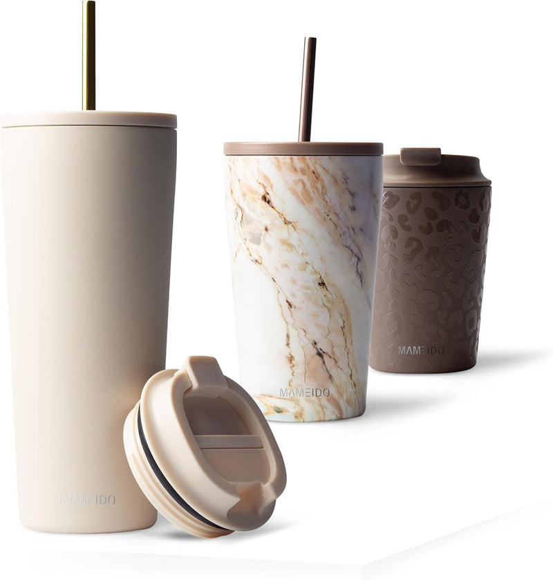 MAMEIDO Thermobecher mit Strohhalm 700ml & 470ml - Trinkbecher mit Deckel und Strohhalm aus Edelstah