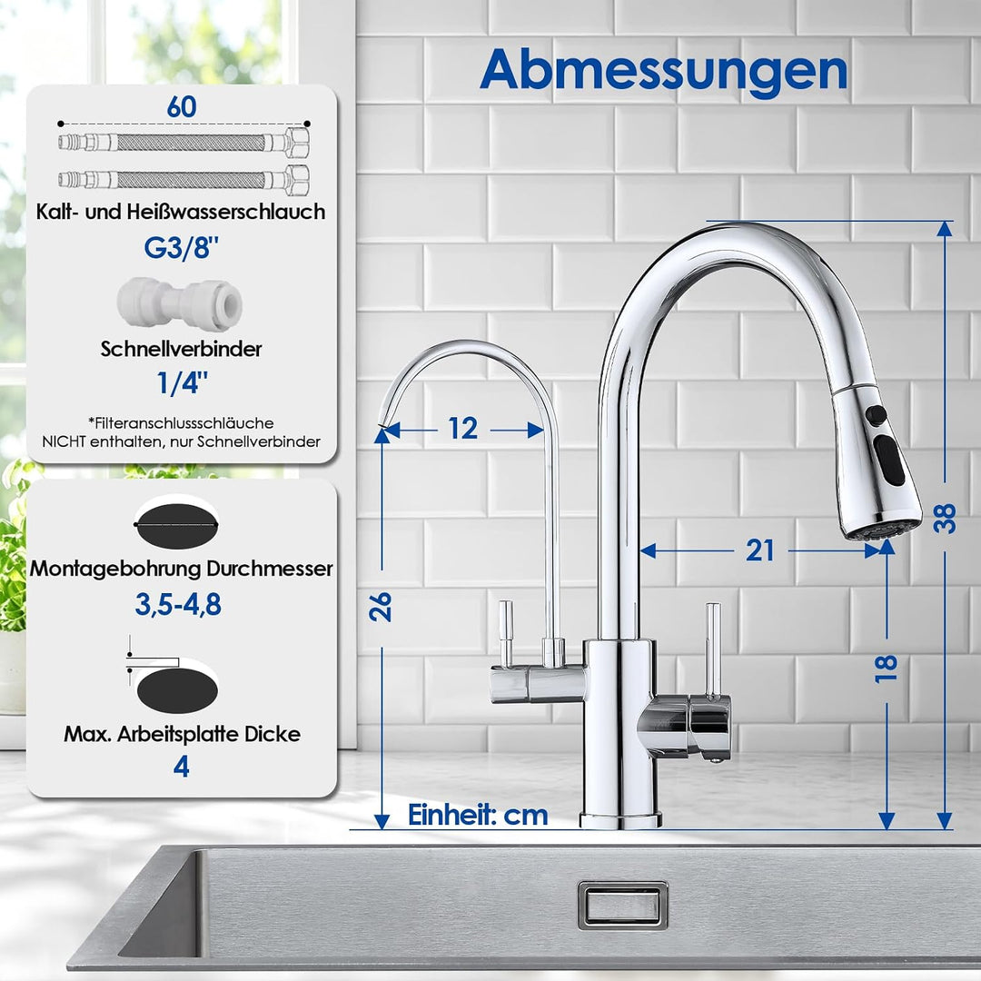 ROVOGO Chrom 3 Wege Wasserhahn Küche mit Filter, Küchenarmatur Hochdruck mit Brause Ausziehbar, 360°