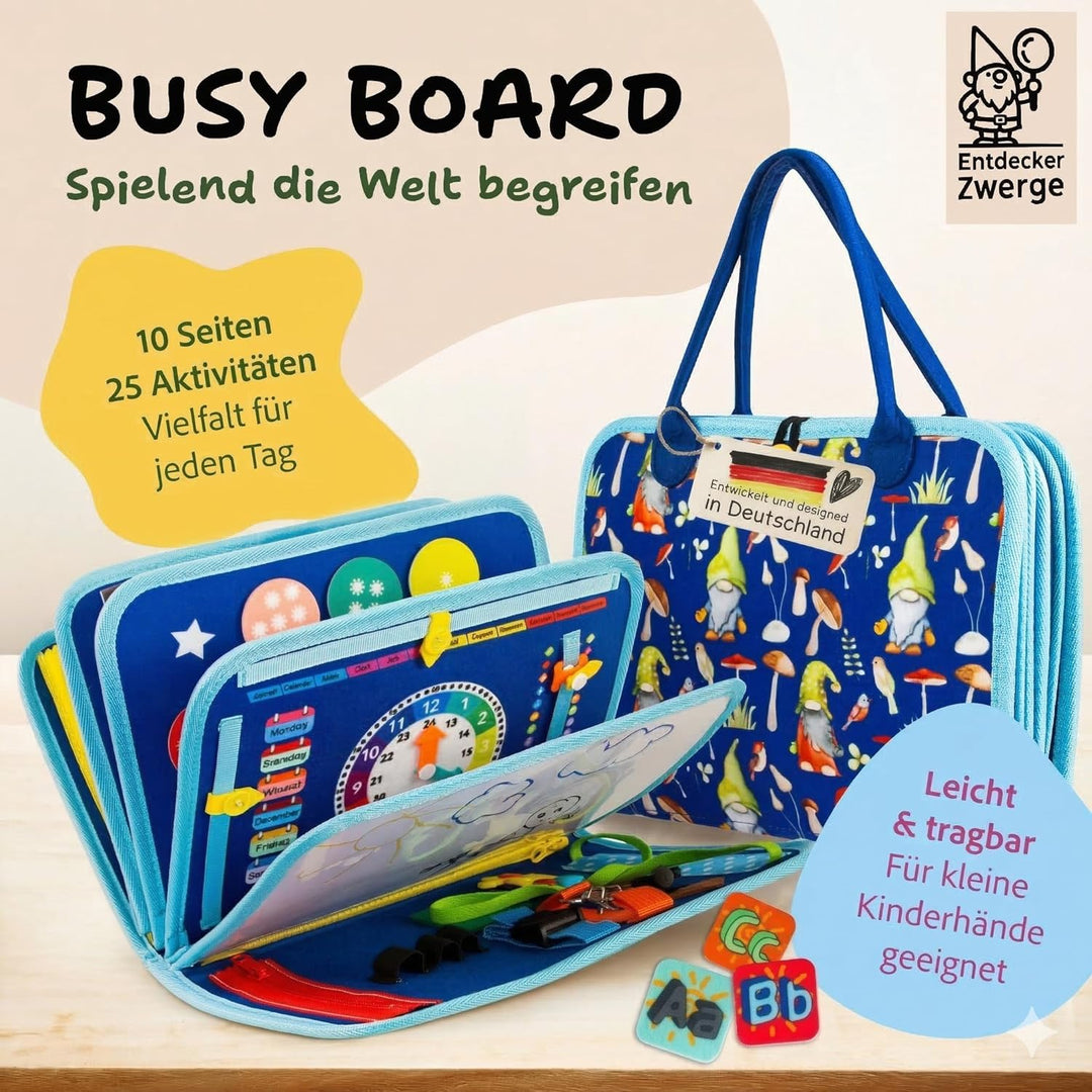 Busy Board ab 3 Jahre - Lernspielzeug mit Deutschen Inhalten - 25 Aktivitäten auf 10 Seiten - Motori