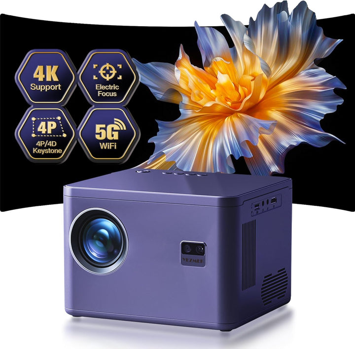 Beamer 4K [Elektrischer Fokus & 6D/4P Trapezkorrektur & Zoom] Unterstützt, 5G WiFi Zweikanal-Bluetoo
