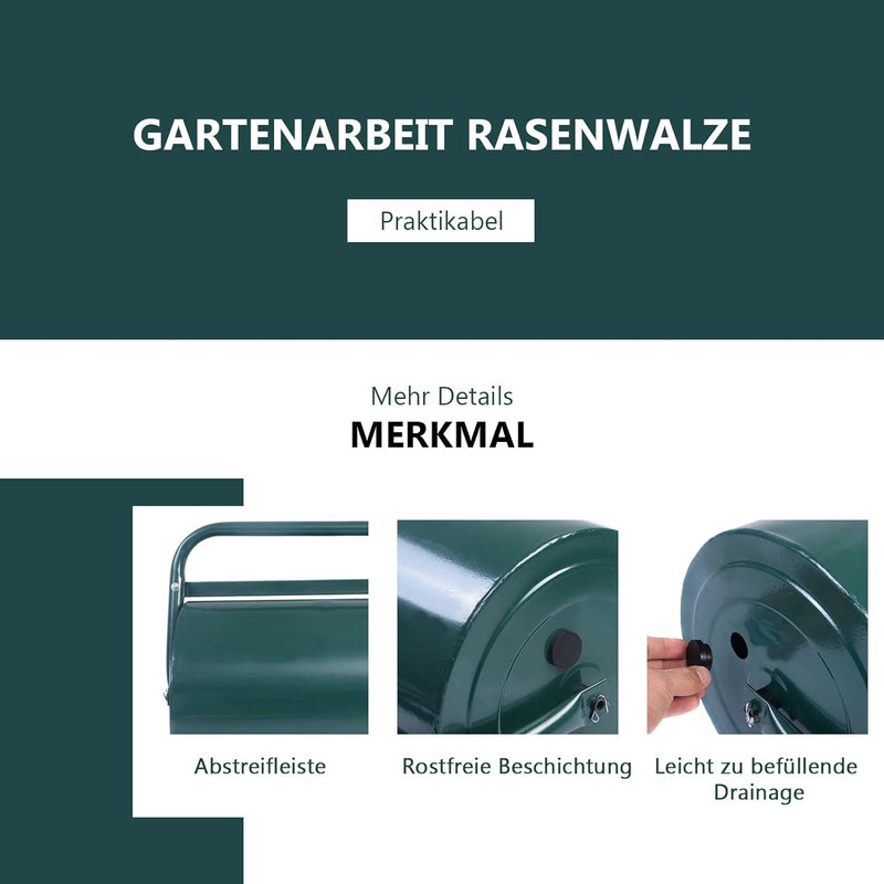 RELAX4LIFE Rasenwalze 90cm Breite 63L Füllvolumen, Rasenroller aus Stahl, Gartenwalze mit U-förmigem