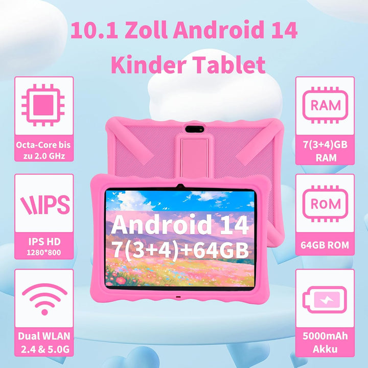 Veidoo Kinder-Tablet – 25,7 cm (10,1 Zoll) IPS-Augenpflege-Bildschirm, 7 GB (3 + 4) RAM, 64 GB ROM 5