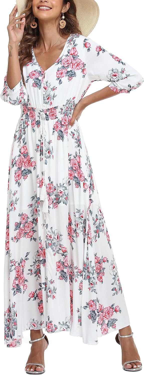 VOGMATE Damen Lange Split Knopf Up Sommer Maxikleid Floral Strandwear Holidy Kleid Hohe Taille mit k
