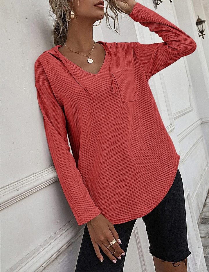 Pullover Damen Hoodie Langarm V Ausschnitt Pullover Sweatshirt Kapuzenpullover Einfarbig Drawstring