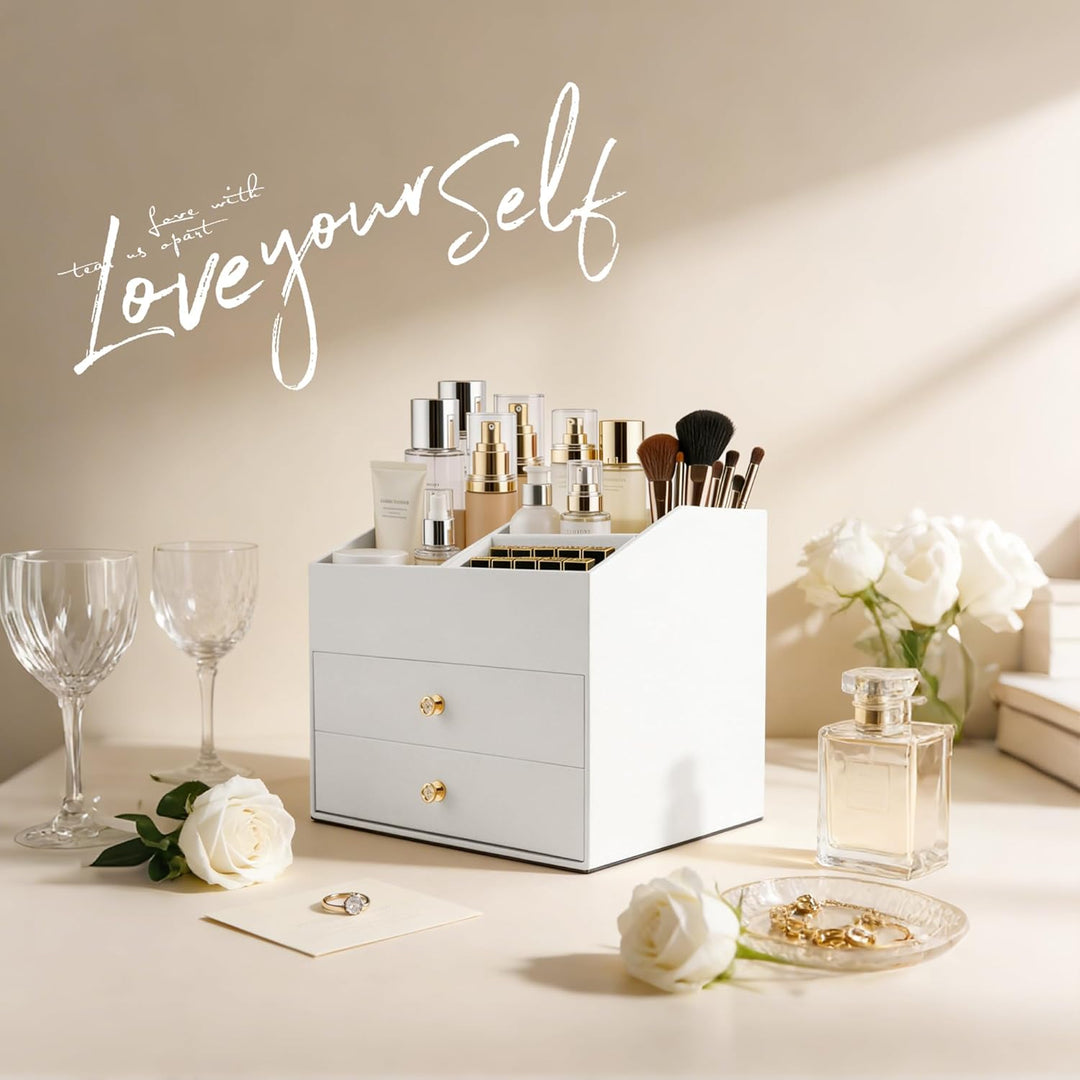 Homeanda Make-up-Organizer aus Kunstleder mit 2 Schubladen – Schreibtisch-Organizer für Kosmetik, Li