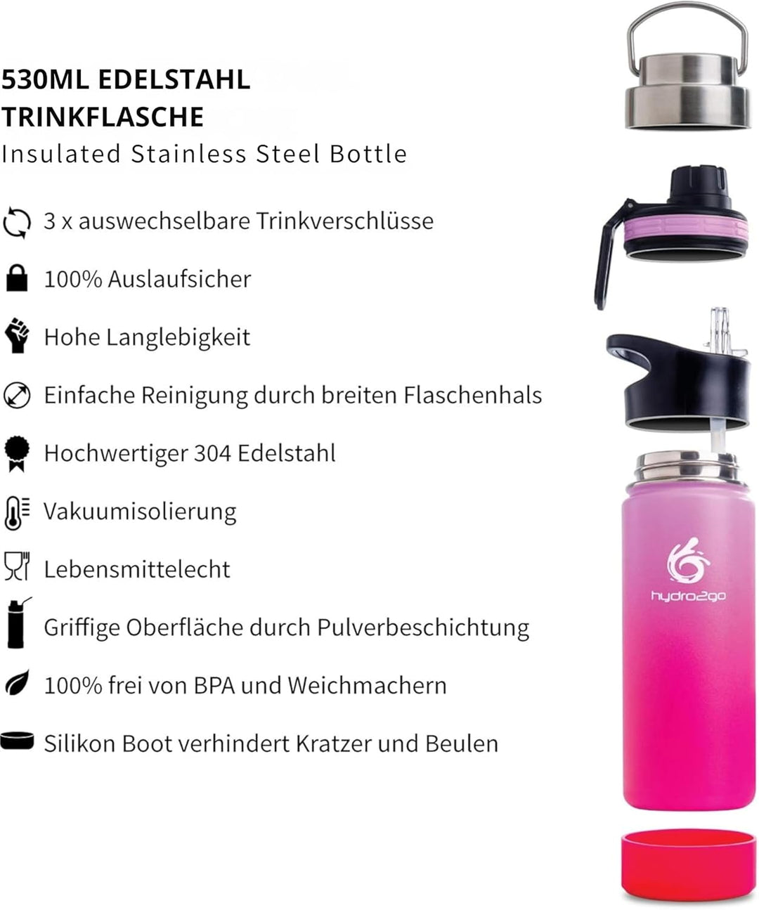 hydro2go Edelstahl Trinkflasche – BPA-freie Isolierflasche für Kinder, Schule, Sport & Outdoor – Häl